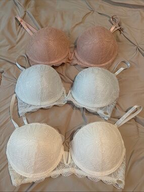 Jessica Simpson Lace Push-Up Bra Trio — Rose Blush, Light Blue, Ivory